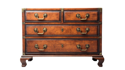 A vintage wooden chest of drawers adorned with shiny brass handles