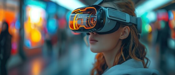 Woman immersed in a virtual reality experience, the headset projecting a digital world around her, signifying innovation in tech