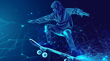 Skateboarder In Mid Air In Tech Wireframe, Blue Geometric Digital Space, Background Screensaver