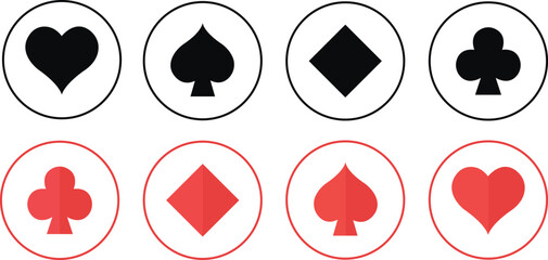 Poker card Symbols Set Icons red or black vector. Poker playing cards suits symbols Spades Hearts Diamonds and Clubs icons isolated on transparent background suit flat collection for apps, websites. - obrazy, fototapety, plakaty