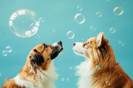Banner with dog and cat pets looking up on blue background with bubbles