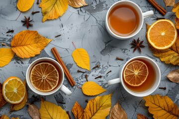 Cozy autumn tea time with two cups of spiced tea surrounded by fallen leaves