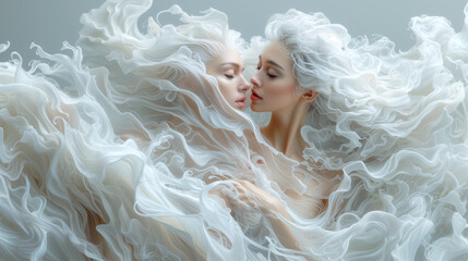 artistically surreal image of a female couple in love that is surrounded by a white film that flows like waves