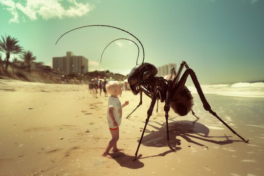 giant alien like a mosquito with shiny metallic skin meets a young boy at the beach, surrealism, fantasy