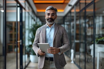 Selbstbewusster indischer Geschäftsmann, Vielbeschäftigter Geschäftsmann steht mit digitalem Tablet in den Flur, modernes Büro - obrazy, fototapety, plakaty