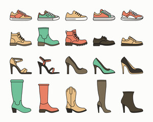 Flat Vector Linear Male and Female Shoes Icon Set Isolated. Sneakers, Shoes, Boots Footwear Color Icons