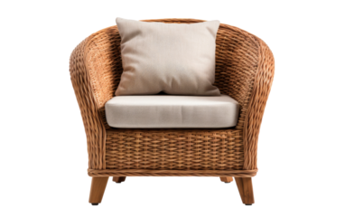 A wicker chair with a pillow resting on it, inviting relaxation and comfort