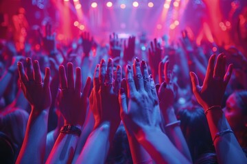 Raised hands of excited audience at live music concert with vibrant stage lights