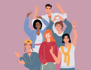 Happy positive people, group portrait. People showing positive hands gestures. Cool, clapping applause, support symbol. Flat vector illustration isolated on blue background.