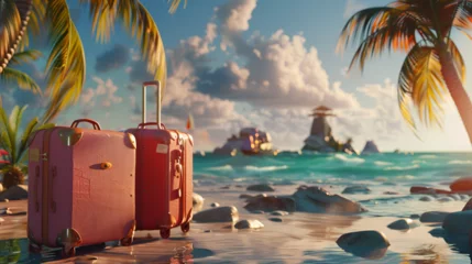 Schilderijen op glas par de maletas sobre la arena rodeada de vegetación un la costa a la orilla de la playa en el caribe con islas al fondo un día soleado y despejado tomando unas vacaciones al aire libre viajando © Erika