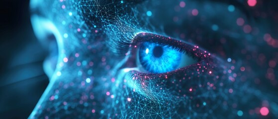 Human eye in extreme close-up with futuristic red digital patterns, symbolizing cybernetics and AI...