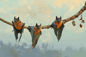 Funny bats hanging from the branch of an arabol. - obrazy, fototapety, plakaty