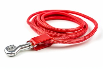 Bird s eye view of red plastic retractable dog leash with metal clasp on strong cord white background