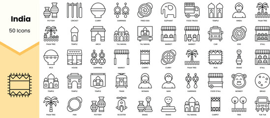 Set of india icons. Simple line art style icons pack. Vector illustration