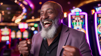 The triumph of winning. In a busy casino, a dark-skinned gentleman with a beard celebrates his victory, clenching his fists, against a backdrop of colorful slot machines.