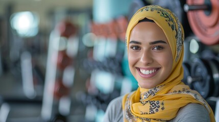 Joyful Muslim Woman Empowered by Fitness Generative AI