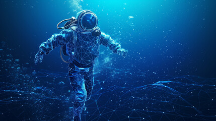 Scuba Diver In Tech Wireframe, Geometric Digital Open Ocean Space, Background Screensaver