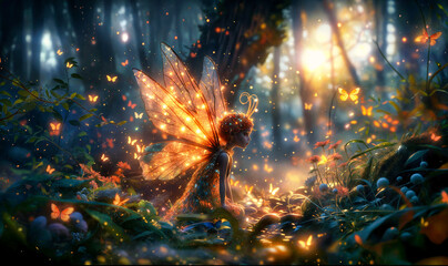 elf with wings in a magical enchanted fairytale forest - 774398875