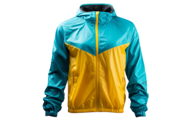 Blue and yellow jacket floats gracefully against a pure white backdrop