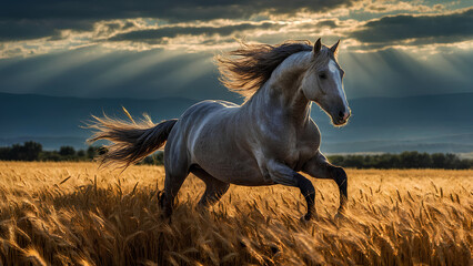 Majestic horse running through golden wheat field at sunset, animals. - obrazy, fototapety, plakaty