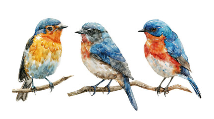 Three birds of varying colors and sizes sit peacefully together on a leafy branch, showcasing natures delicate balance