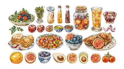 A colorful and diverse array of food items depicted in a lively and artistic style, ranging from fruits and vegetables to pastries and snacks - obrazy, fototapety, plakaty