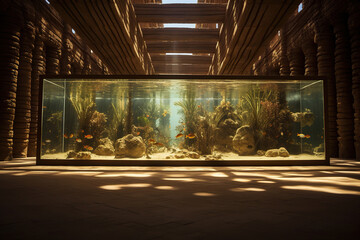 A large aquarium with fish in the middle of the room. Generated by artificial intelligence - obrazy, fototapety, plakaty