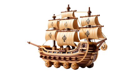 A detailed wooden model of a pirate ship, showcasing intricate craftsmanship and historical accuracy