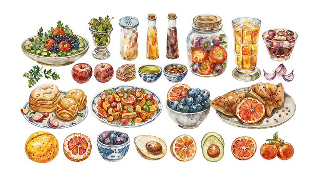 A colorful and diverse array of food items depicted in a lively and artistic style, ranging from fruits and vegetables to pastries and snacks
