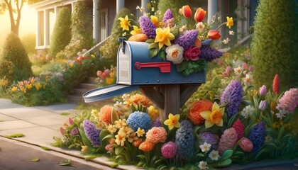 Fototapeta na wymiar Mailbox Decorated With Vibrant Spring Flowers