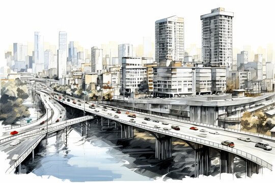 The drawing depicts a bustling city with a bridge extending over a flowing river. Various vehicles can be seen crossing the bridge, adding movement and vibrancy to the cityscape