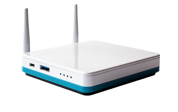 A white and blue router stands out against a white backdrop