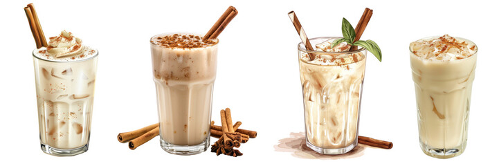 Collection of horchata drink featuring milk vanilla and cinnamon cutout clipping path png isolated on white or transparent background
