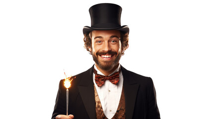 A stylish man in a top hat holds a lit candle, casting a warm glow in the darkness