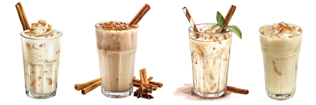 Collection of horchata drink featuring milk vanilla and cinnamon cutout clipping path png isolated on white or transparent background
