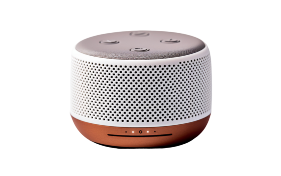 A sleek white and brown speaker rests on a clean white surface, ready to amplify music