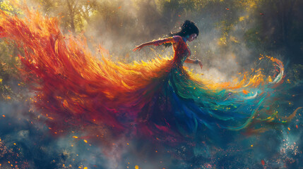feathered woman dancing in the forest, expressive painting style