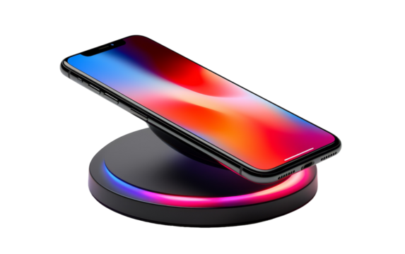 An iPhone gracefully rests on a wireless charger, illuminated by soft ambient light