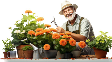 A man in a hat tends to his garden with various gardening tools in hand
