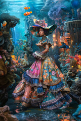 fairytale surrealistic portrait of an African-American beauty in the underwater world - 774401834