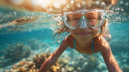 Little Girl's First Snorkeling Adventure in the Ocean Generative AI - obrazy, fototapety, plakaty