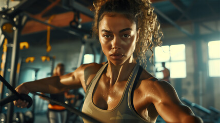 Fototapeta premium A portrait of a beautiful girl who is breaking a sweat at the gym.