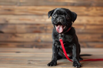 Black pug puppy wearing red leash sits and yawns on wood floor - obrazy, fototapety, plakaty