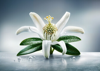 Dew-kissed Edelweiss Bloom on a Pristine Detail Against a Tranquil Blue Gradient Background - 774402465