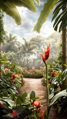Tranquil Tropical Garden Pathway Flanked by Lush Foliage and Vibrant Flowers Under a Hazy Sunlight - 774402468