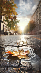 Autumn in the City: Glistening Sunlight Bathes Cobblestone Street with Fallen Maple Leaf in a Puddle's Embrace - 774402472