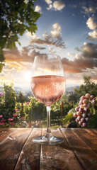 Rosé Wine and Grapes on Wooden Table Overlooking Vineyard at Sunset - 774402478