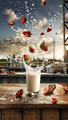 Splash of Freshness: Strawberries and Milk in a Dynamic, Sunny Kitchen Setting, Bursting with Flavor - 774402482