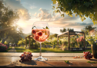 Summer's Serenity: Sparkling Rosé Wine with Berries in Sun-Drenched Vineyard - A Refreshing Seasonal Delight - 774402483