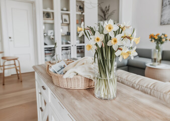 Serene Spring Ambiance with Fresh Daffodils Adorning a Chic Living Space's Natural Wood Accents
